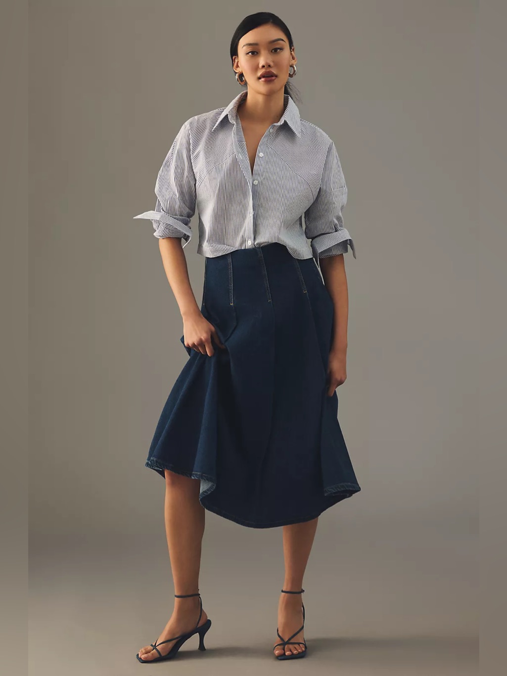 Pilcro Pleated A-Line Denim Midi Skirt Western Cottage Academia Size 6